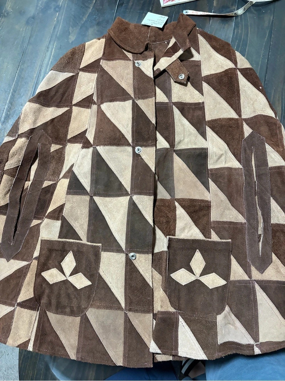 VTG 70s Geometric Patchwork Suede Leather Cape Poncho Brown Boho One Size